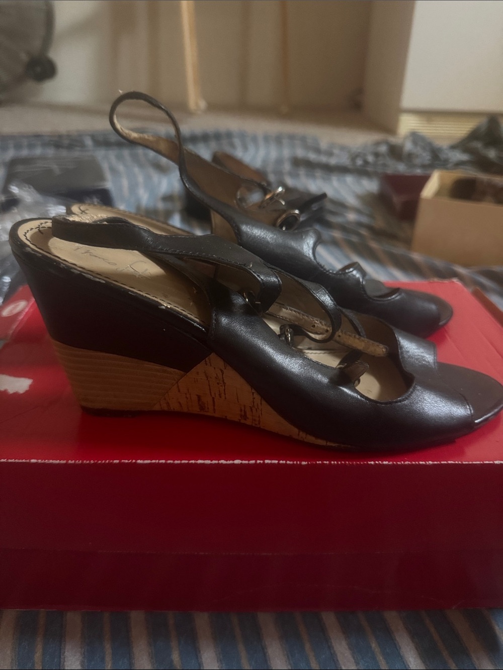 Franco Sarto Black Leather Wedge Slingbacks with Cork-Style Platform